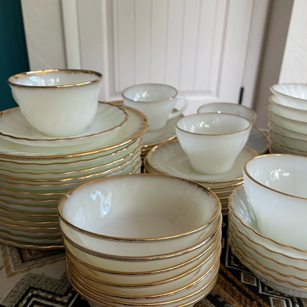 Fire King/Anchor Hocking White and Gold Dinnerware Vintage Dining Collection